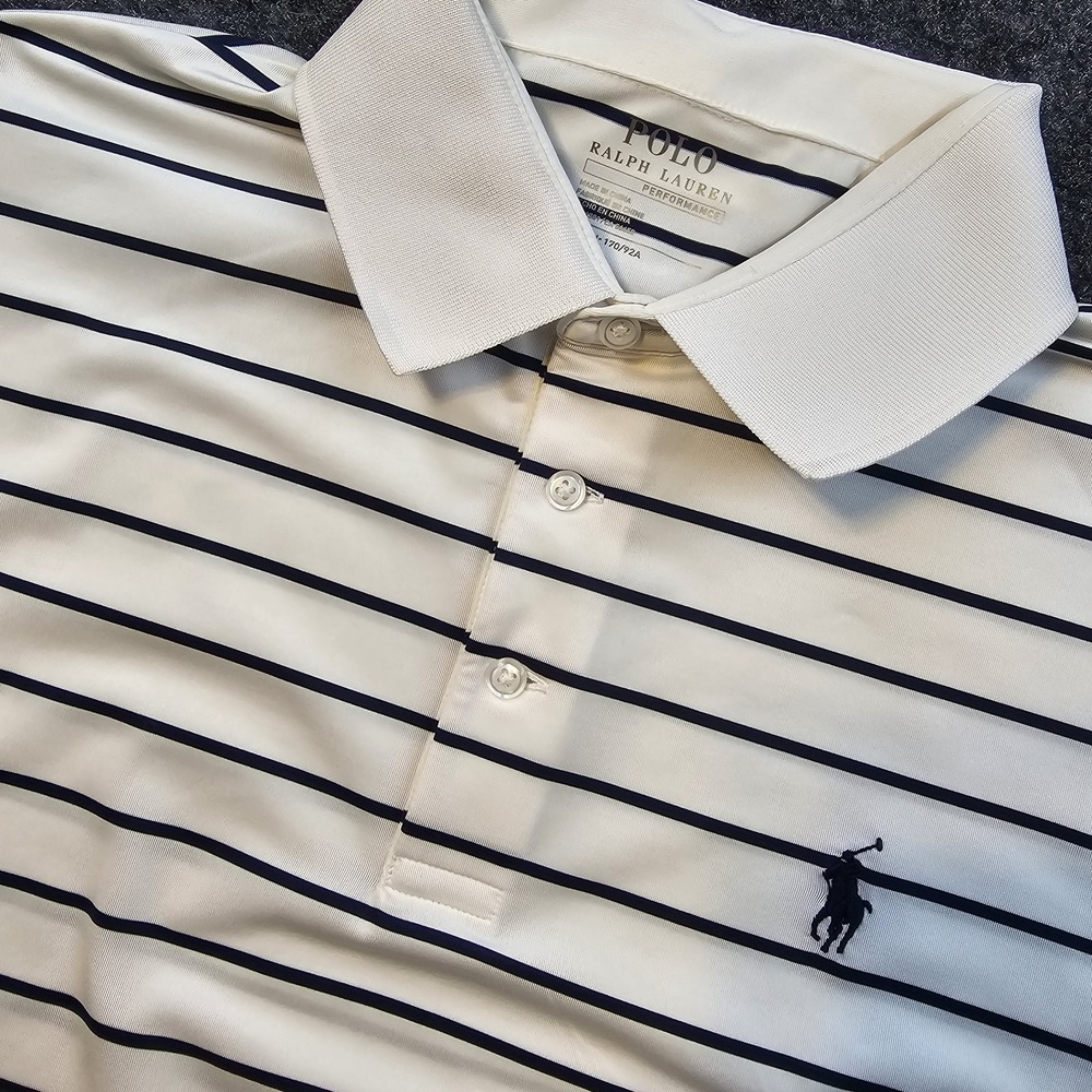 Polo Ralph Lauren Performance Polo Shirt Mens Small White Striped Stretch Golf